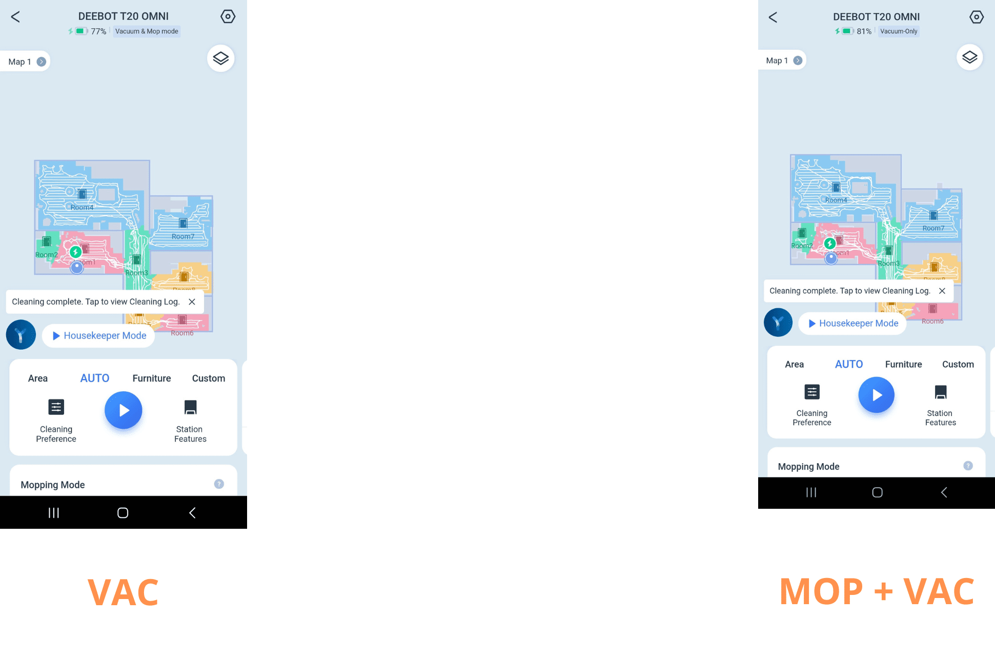 Der Akkuverbrauch des DEEBOT T20 OMNI nach der kompletten Wohnungsreinigung (saugen und wischen) ist in der App zu sehen.